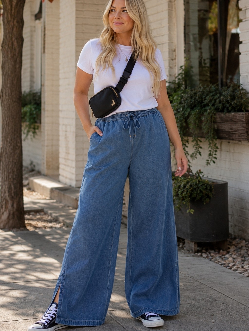 Noisy May NEW Size XL: 100% Cotton Medium Blue Elastic Drawstring Waist Pants